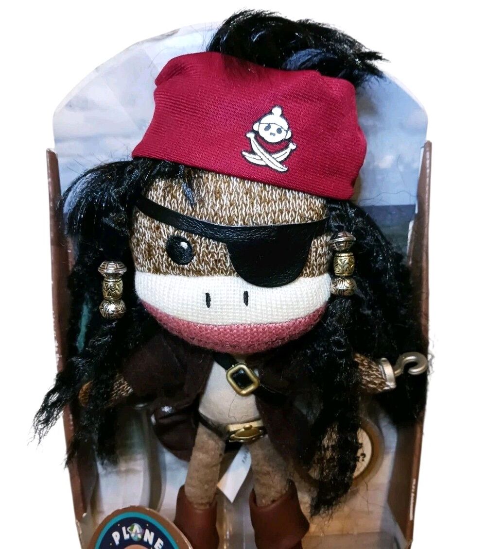 Vtg 2013 Long Sock Silver Planet Sock Monkey Pirate Toy w/ Sword & Hook Boxed - Picture 2 of 7